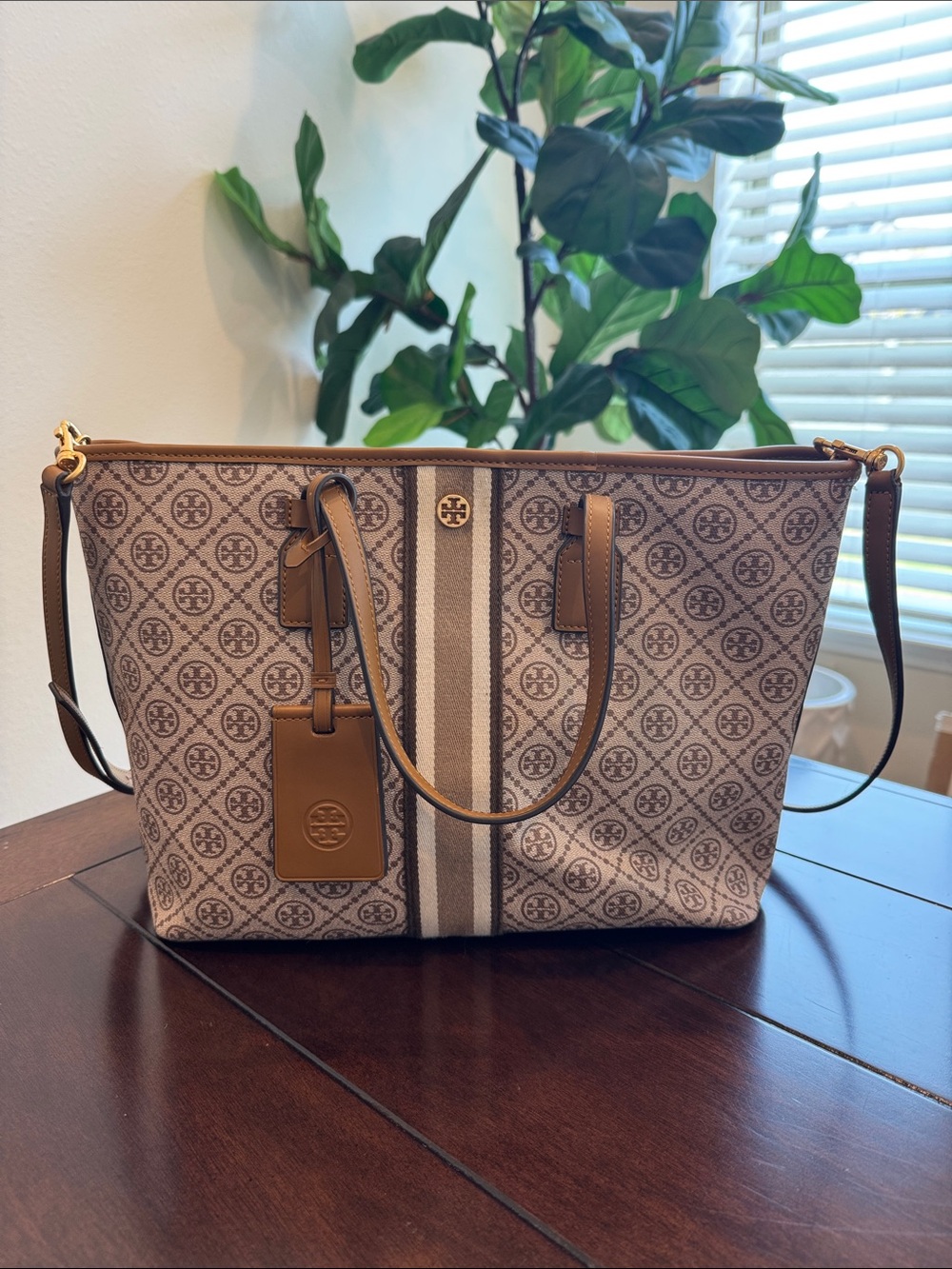 Tory Burch T Monogram Beige & Tan Handbag Tote